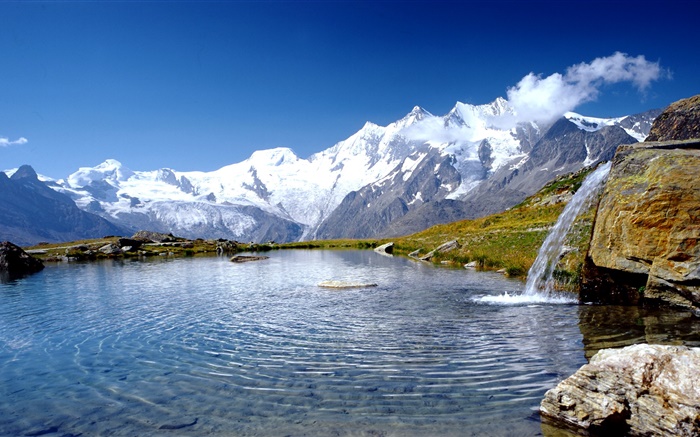 Alps, lake, clouds, blue sky Wallpapers Pictures Photos Images