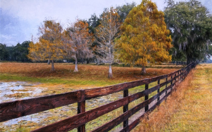 Autumn painting, trees, fence Wallpapers Pictures Photos Images