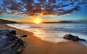 Beach sunset, clouds, sea, coast, waves, sun rays HD wallpaper