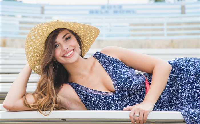 Blue dress smile girl, hat, summer Wallpapers Pictures Photos Images