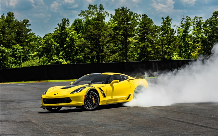 Chevrolet Corvette Stingray Coupe C7 yellow supercar, smoke Wallpapers Pictures Photos Images