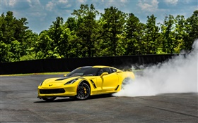 Chevrolet Corvette Stingray Coupe C7 yellow supercar, smoke HD wallpaper