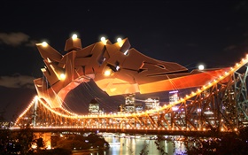 City night bridge, lights, river HD wallpaper