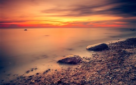 Coast, sea, beach, red sky, clouds, sunset HD wallpaper