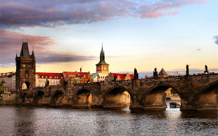 Czech Republic, Prague, city, bridge, river, houses Wallpapers Pictures Photos Images