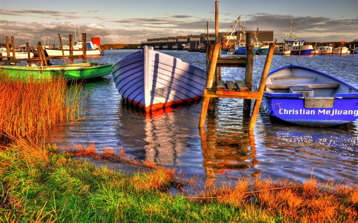 Dock, boats, river, grass, clouds Wallpapers Pictures Photos Images