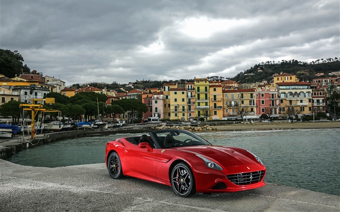 Ferrari California red supercar, houses, clouds Wallpapers Pictures Photos Images
