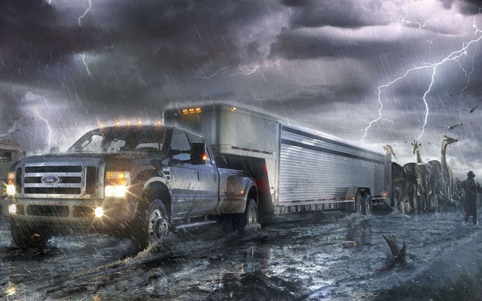 Ford truck, lightning, animals, creative design Wallpapers Pictures Photos Images