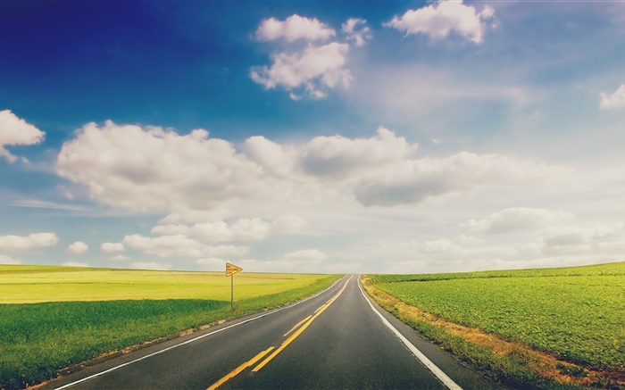 Green grass, road, highway, clouds Wallpapers Pictures Photos Images