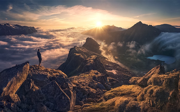 High mountain, clouds, sky, sunshine, man Wallpapers Pictures Photos Images