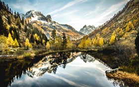 Lake, mountains, trees, clouds, water reflection HD wallpaper