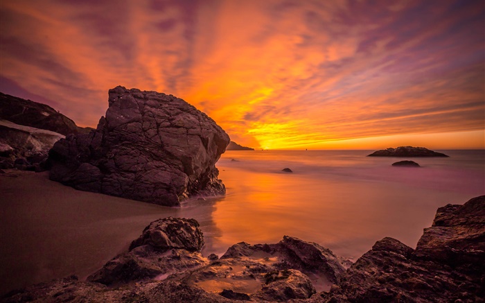 Ocean sunset, coast, rocks, clouds, red sky Wallpapers Pictures Photos Images
