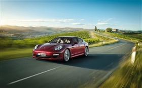 Porsche red supercar, speed, road
