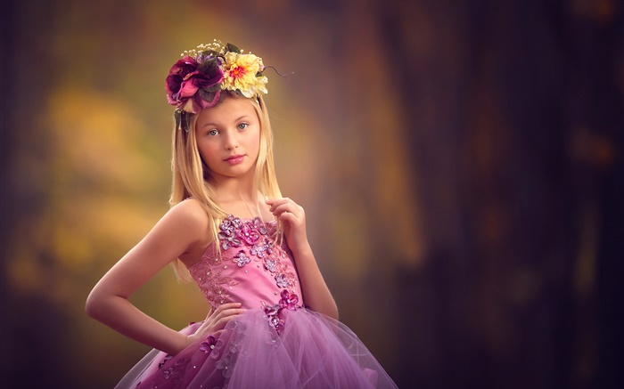 Purple dress little girl, wreath, child Wallpapers Pictures Photos Images