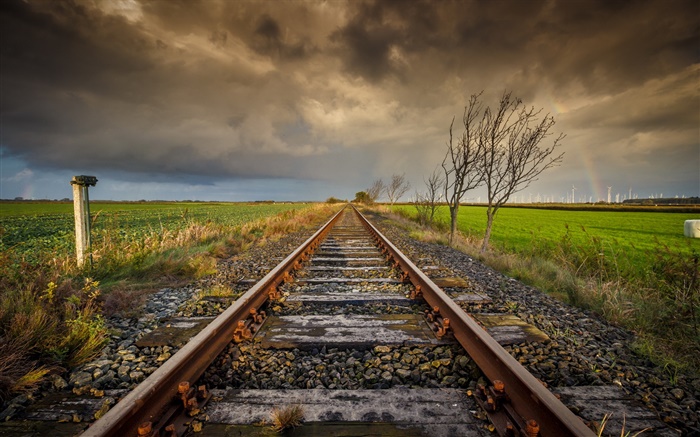 Railway, trees, clouds, dusk Wallpapers Pictures Photos Images
