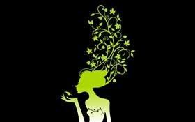 Spring girl, plants, leaves, black background, vector pictures HD wallpaper