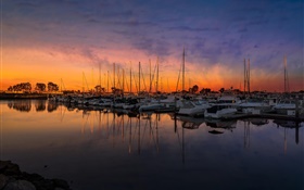 Sunset, bay, water, boats, yachts