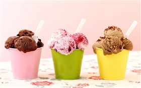 Three kinds ice cream, chocolate, raspberry, dessert
