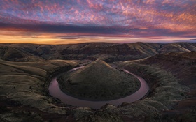USA, canyon, river, hills, rocks, clouds, dawn