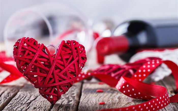 Valentine's Day, red love heart, wine, romantic Wallpapers Pictures Photos Images