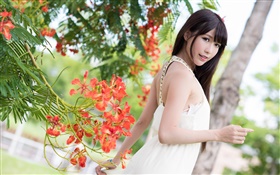White dress Asian girl, flowers, summer HD wallpaper
