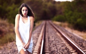 White dress girl at railway HD wallpaper