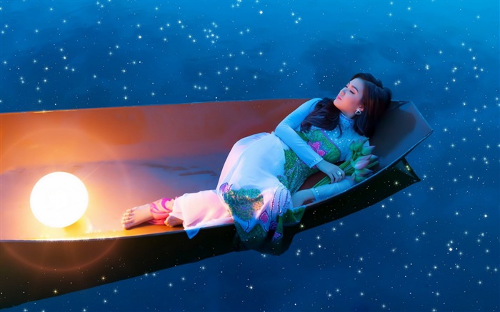 Asian girl sleep in boat at night Wallpapers Pictures Photos Images