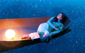 Asian girl sleep in boat at night HD wallpaper