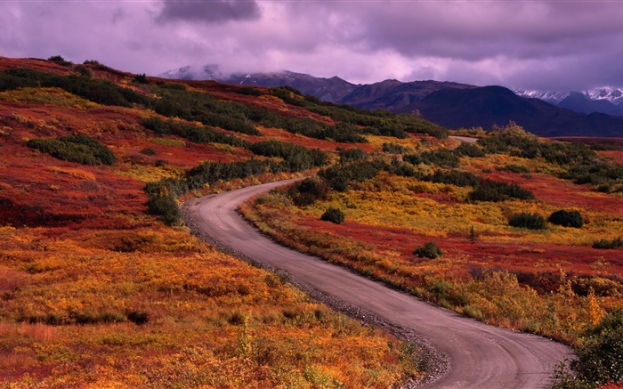 Autumn, mountains, road, grass, clouds Wallpapers Pictures Photos Images