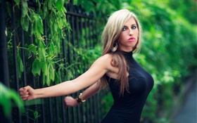Black dress blonde girl, fence HD wallpaper
