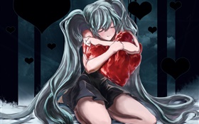 Blue hair anime girl hugging heart-shaped pillow HD wallpaper