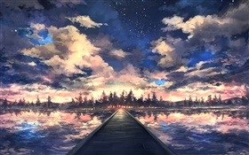Bridge, river, trees, sky, clouds, sunset, art drawing HD wallpaper
