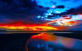 Coast sunset, sea, glow, clouds, dusk HD wallpaper