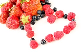 Strawberries, raspberries, blueberries, fruit, love hearts HD wallpaper
