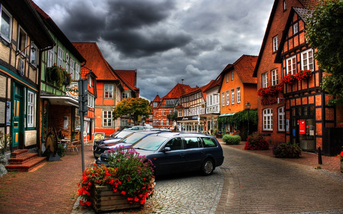 Town, cars, houses, flowers, clouds, dusk Wallpapers Pictures Photos Images