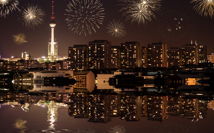 Cityscape, night, buildings, lights, river, Berlin, Germany Wallpapers Pictures Photos Images