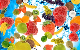Many kinds fruits, raspberries, bananas, kiwi, strawberry, lemon, apple HD wallpaper