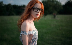 Red hair girl, glasses HD wallpaper