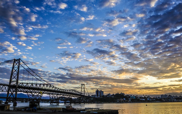 City, sunset, clouds, bridge, river, houses Wallpapers Pictures Photos Images