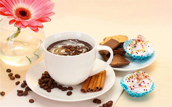 Coffee drink and cakes, pink flower Wallpapers Pictures Photos Images