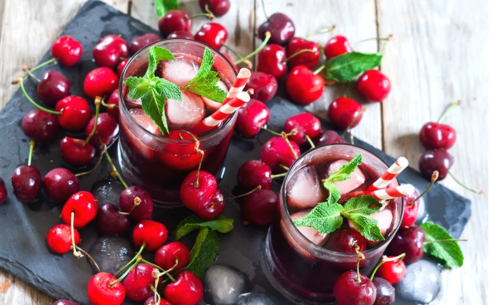 Fresh red cherries, drink, lemonade, mint Wallpapers Pictures Photos Images