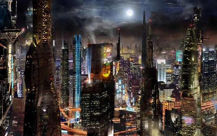 Future city, skyscrapers, buildings, road, night, sci-fi creative design Wallpapers Pictures Photos Images