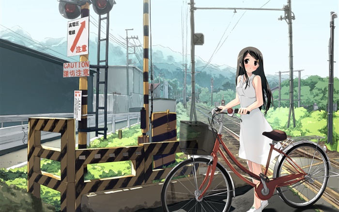 Anime girl, railway, bike, power lines Wallpapers Pictures Photos Images