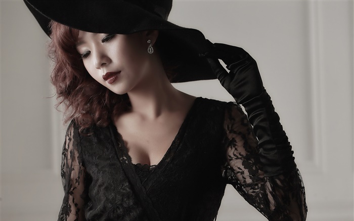 Black dress Asian girl, makeup, gloves, hat Wallpapers Pictures Photos Images
