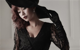 Black dress Asian girl, makeup, gloves, hat HD wallpaper