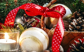 Christmas, basket, candle, decoration, nuts, balls HD wallpaper