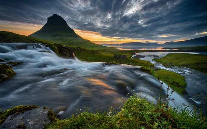 Iceland, mountain, waterfall, clouds, sunset Wallpapers Pictures Photos Images