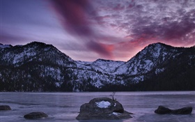 Lake, mountains, stones, dusk HD wallpaper