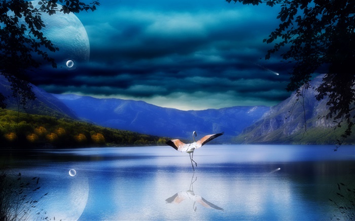 Lake, water reflection, mountains, stork, wings Wallpapers Pictures Photos Images