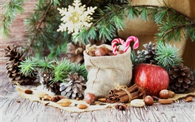Merry Christmas, bag, candy, apple, nuts HD wallpaper